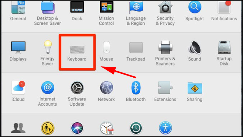 Chọn Keyboard trong System Preferences